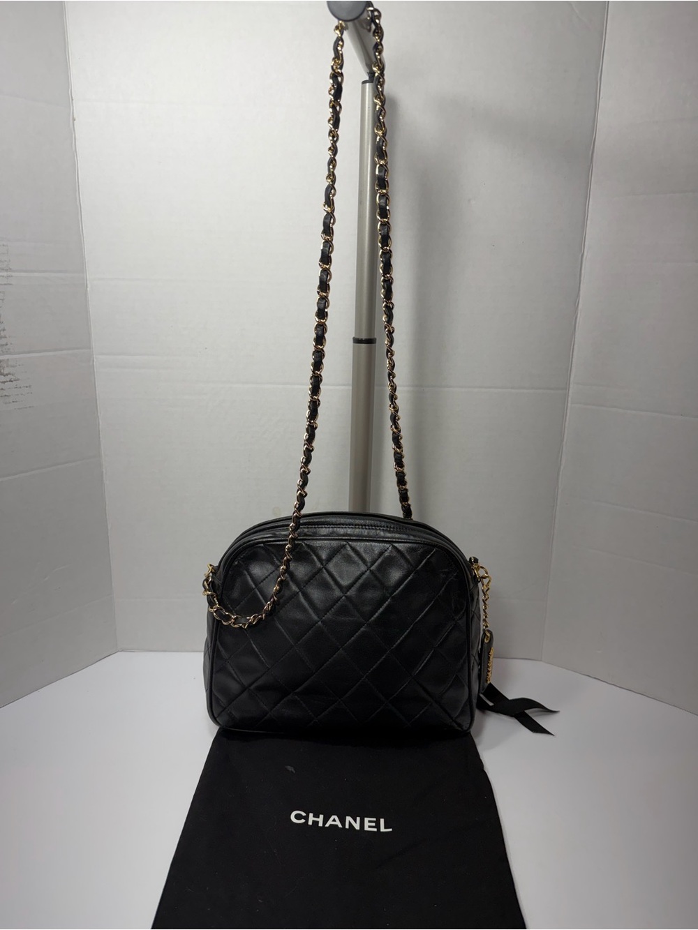 CHANEL Black Quilted Leather Crossbody Bag camera bag with dust bag